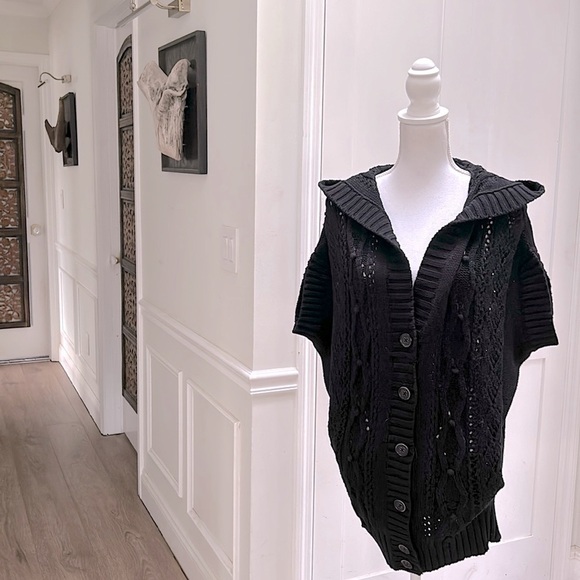 Moda Intl Womens Black Cotton Hooded Cable Knit Cardigan S Dark Academia Cozy - Picture 1 of 11